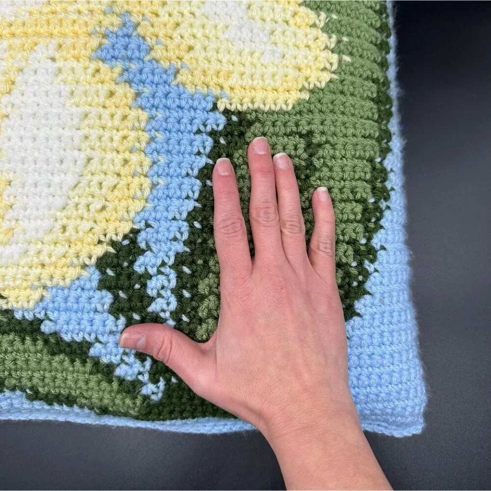 Crocheted Throw Pillow Yellow Iris Flower Baby Blue Handmade Cottage Farmhouse